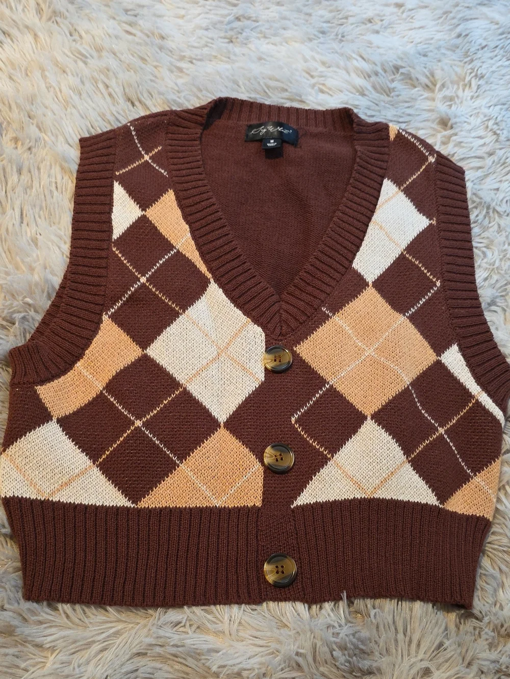 Say What? Brown Argyle Knit Vest with Cream & Tan Diamonds